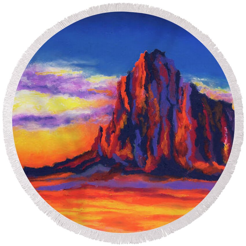 Shiprock Round Beach Towel featuring the painting Shiprock Mountain by Stephen Anderson