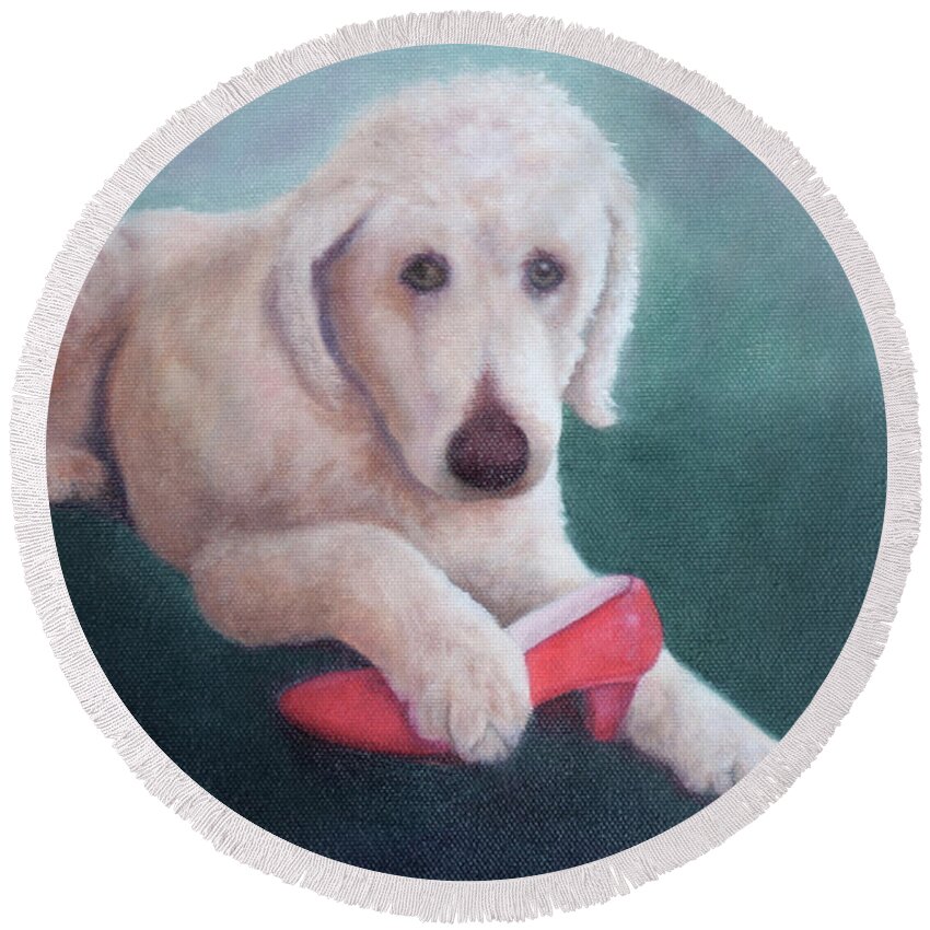 Dog With Shoe Round Beach Towel featuring the painting Shoe Fetish by Marg Wolf