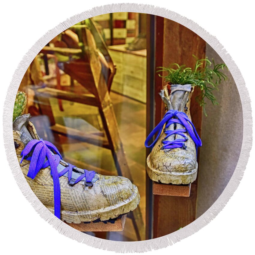 Shoes Round Beach Towel featuring the photograph Shoe Vases by Roberta Kayne