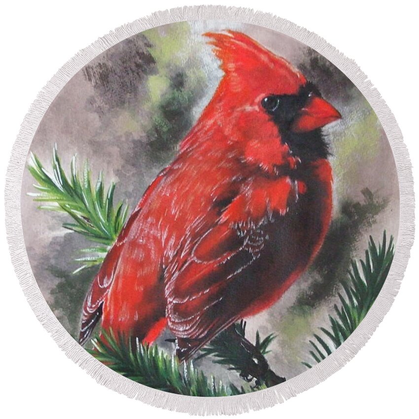 Cardinal Round Beach Towel featuring the painting Show-Off by Barbara Keith