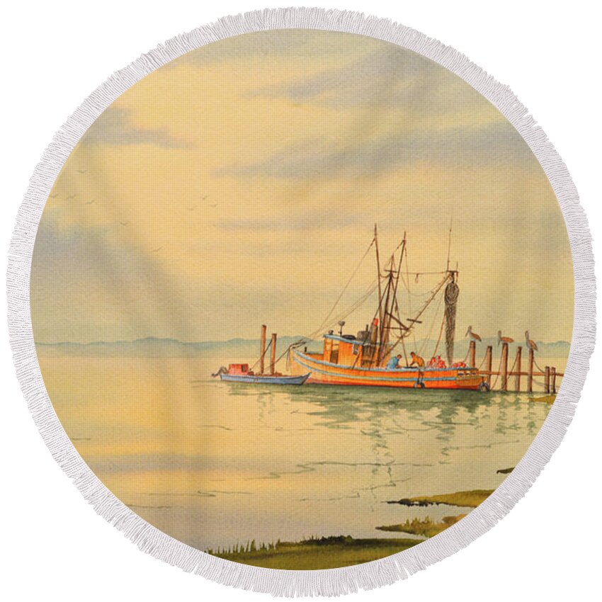 Shrimp Round Beach Towel featuring the painting Shrimp Boat Sunset by Bill Holkham