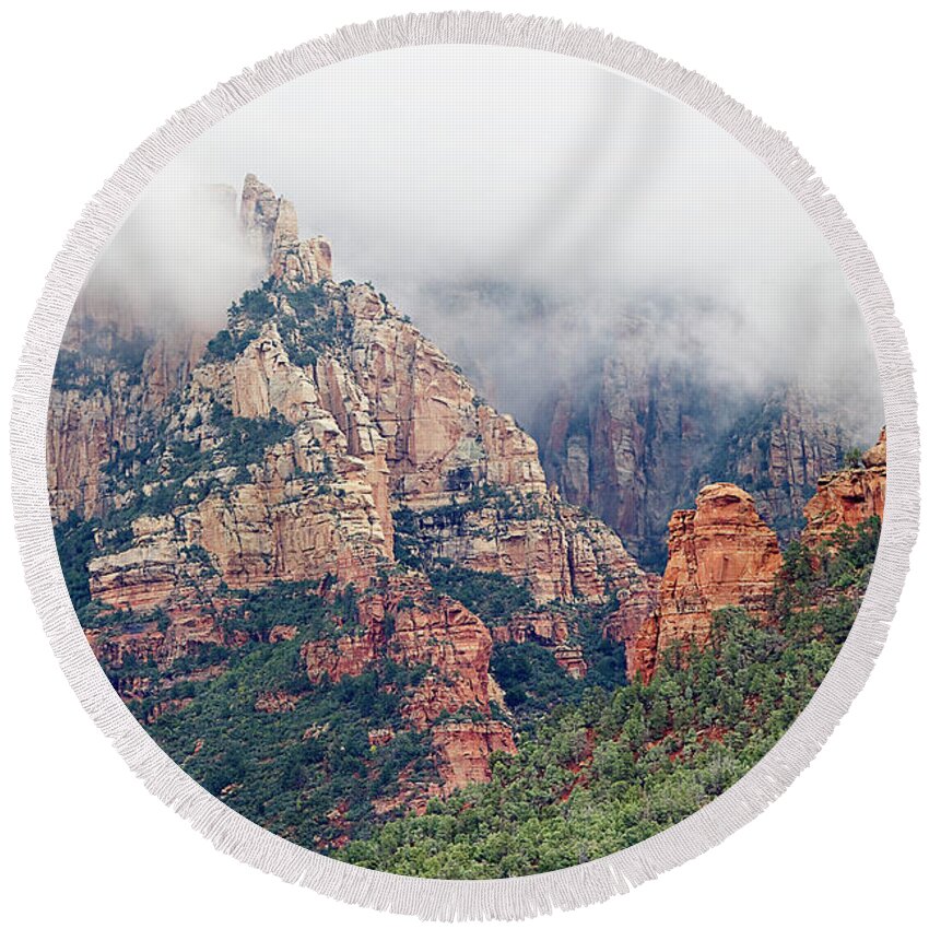 Mountains Round Beach Towel featuring the photograph Shrouded In Clouds by Phyllis Denton