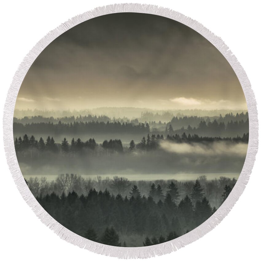 Fog Round Beach Towel featuring the photograph Shrouded Valley by Don Schwartz