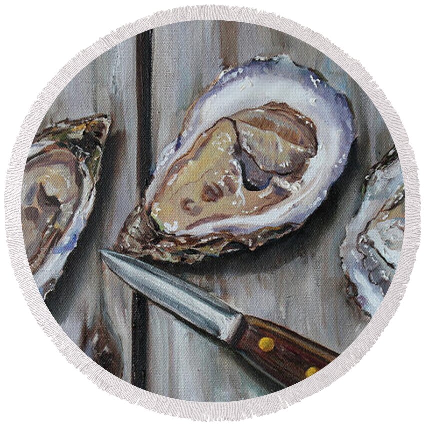 Shucked Round Beach Towel featuring the painting Shucked Oysters by Kristine Kainer