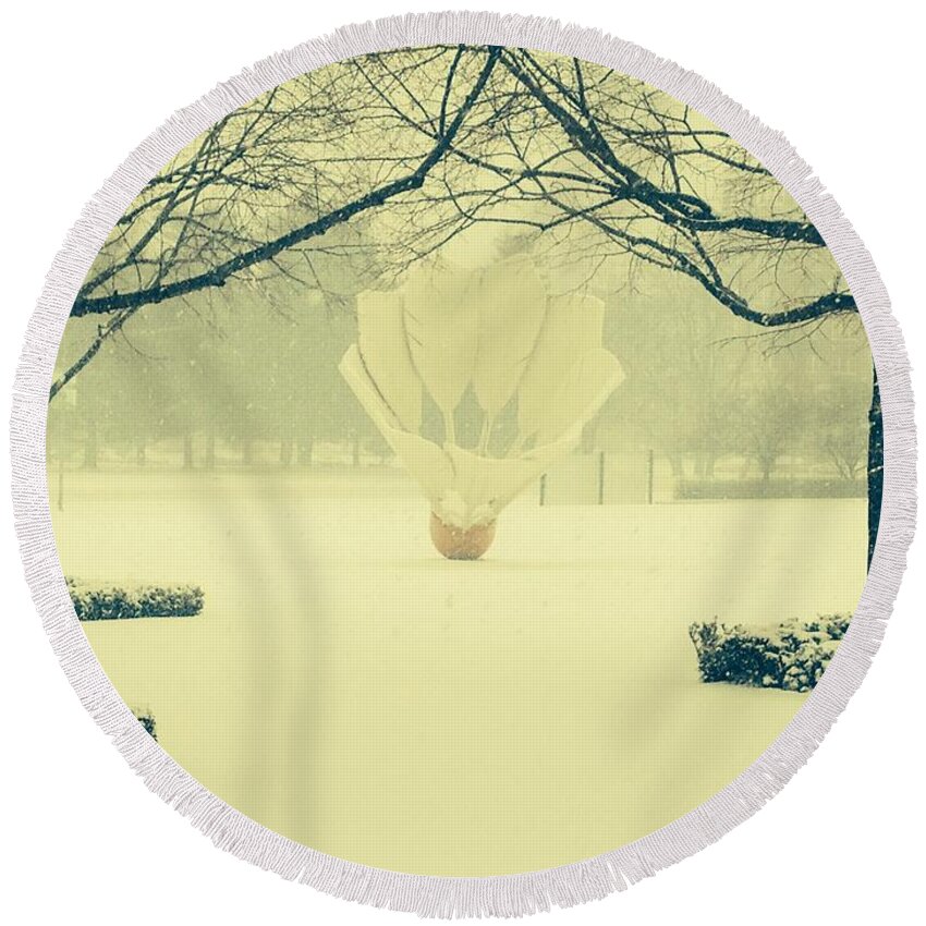 Nelson-atkins Round Beach Towel featuring the photograph Shuttlecock in the Snow by Michael Oceanofwisdom Bidwell