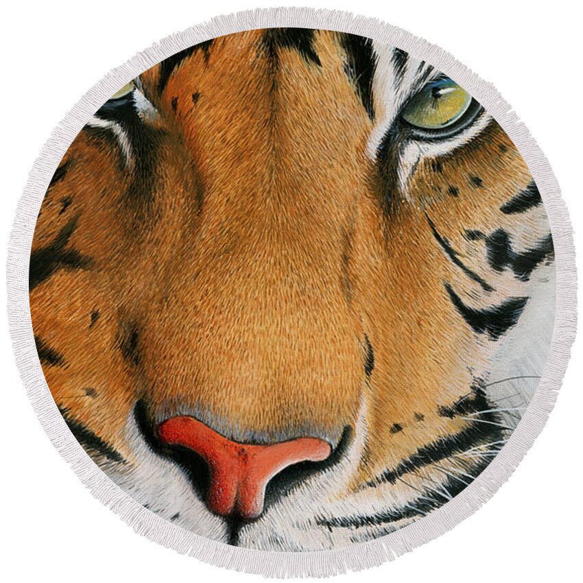 Tiger Round Beach Towel featuring the painting Siberian Gold by Mike Brown