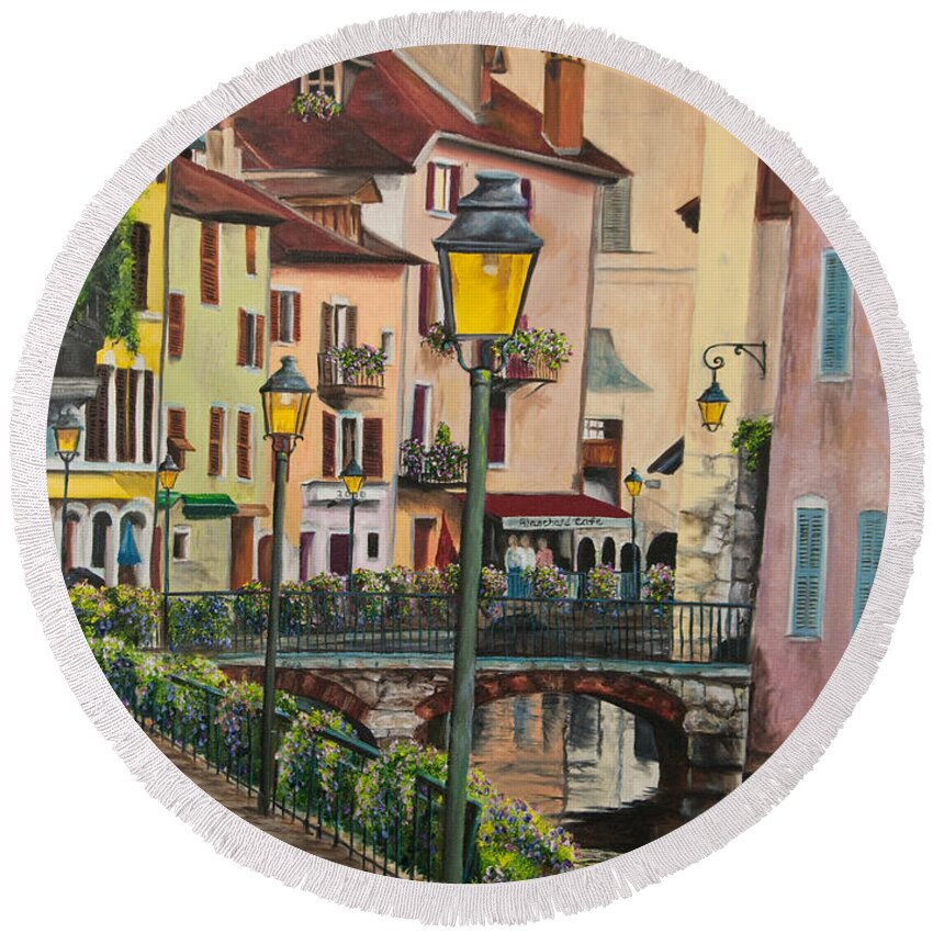 Annecy France Art Round Beach Towel featuring the painting Side Streets in Annecy by Charlotte Blanchard