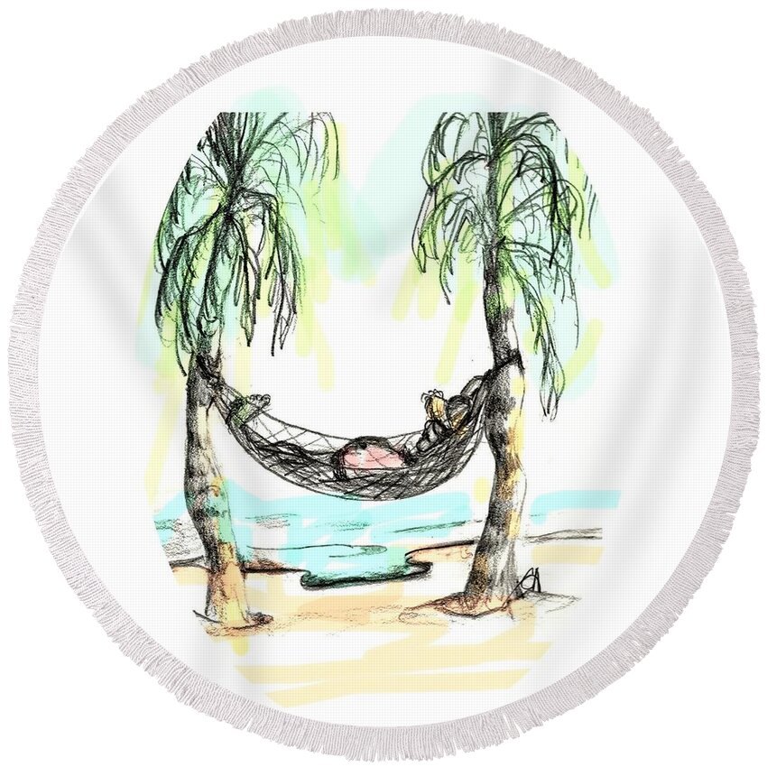 Hammock Round Beach Towel featuring the drawing Siesta by Carol Allen Anfinsen