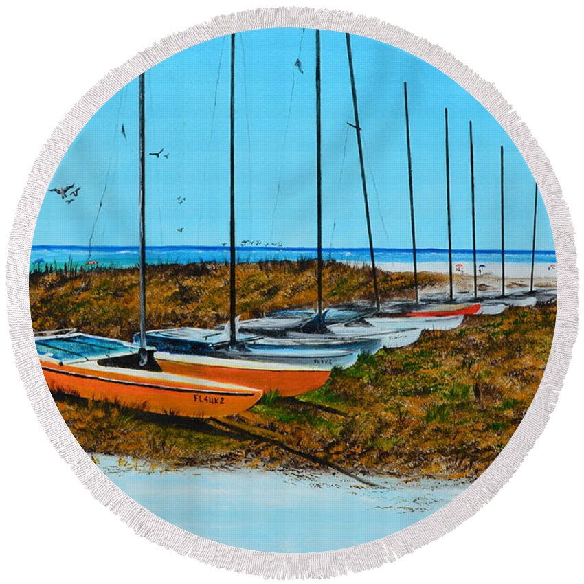 Siesta Key Round Beach Towel featuring the painting Siesta Key Access #8 Catamarans by Lloyd Dobson