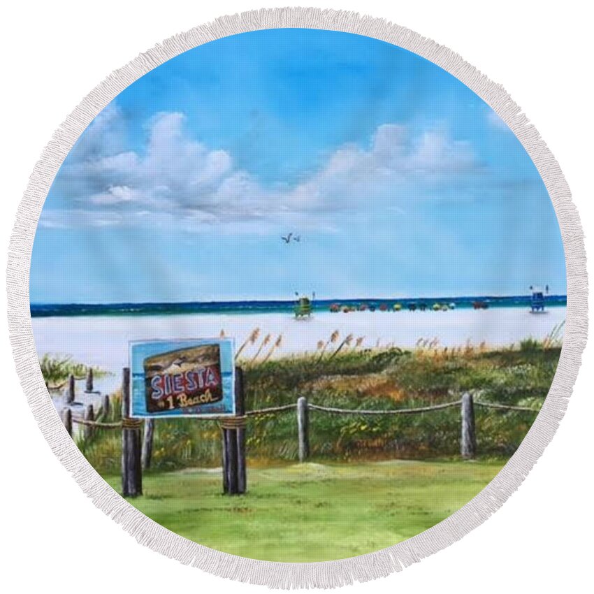 Siesta Key Round Beach Towel featuring the painting Siesta Key Public Beach by Lloyd Dobson