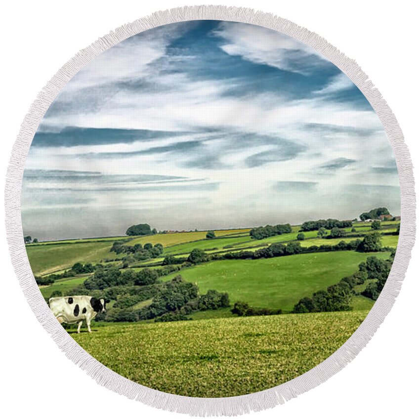 Sights Round Beach Towel featuring the photograph Sights in England - Cow in Pasture by Walt Foegelle