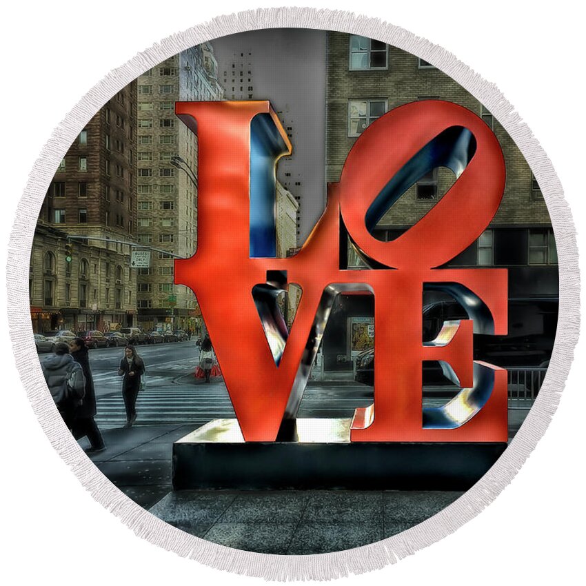 New York City Round Beach Towel featuring the photograph Sights in New York City - Love Statue by Walt Foegelle