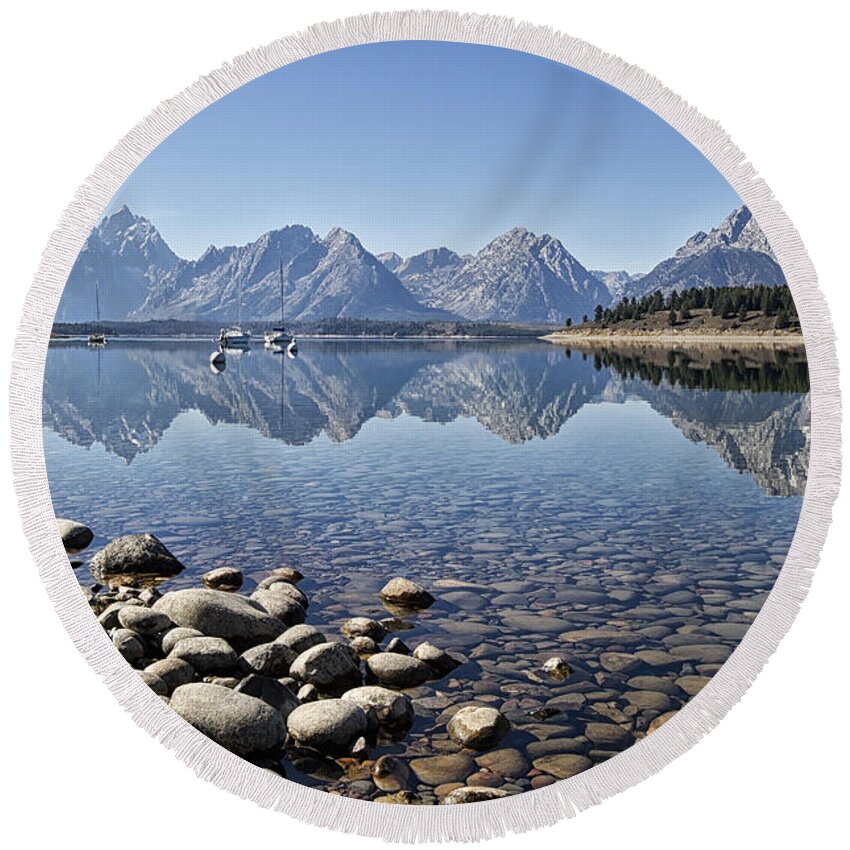 Tetons Round Beach Towel featuring the photograph Jackson Lake near Signal Mountain Lodge by Shirley Mitchell