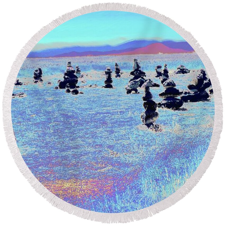 Stacked Rocks Round Beach Towel featuring the digital art Signs of Life by Vincent Green