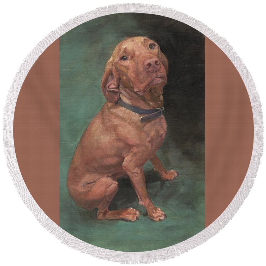 Oil Painting Round Beach Towel featuring the painting Silly Vizsla by Susan Hensel