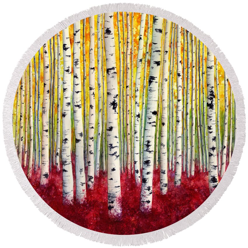 Birch Round Beach Towel featuring the painting Silver Birches by Hailey E Herrera