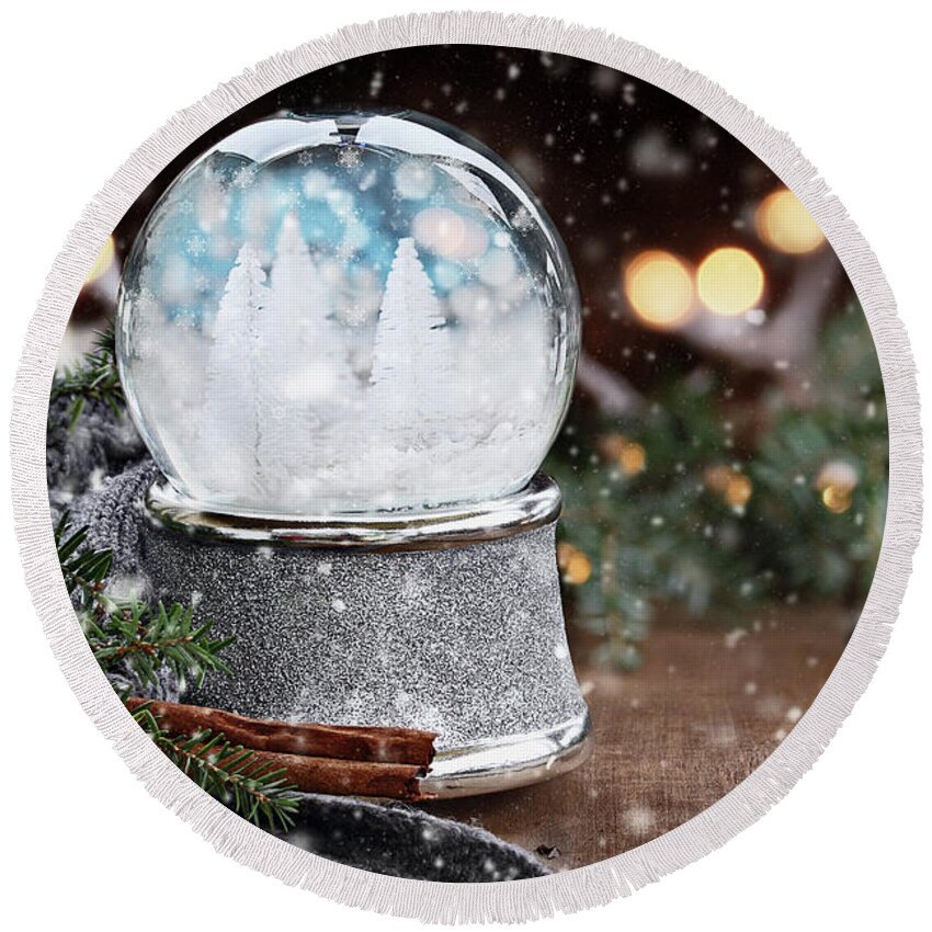 Snowglobe Round Beach Towel featuring the photograph Silver Snow Globe with White Christmas Trees by Stephanie Frey