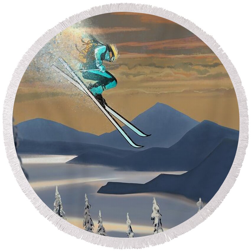Retro Ski Art Round Beach Towel featuring the painting Silver Star ski poster by Sassan Filsoof