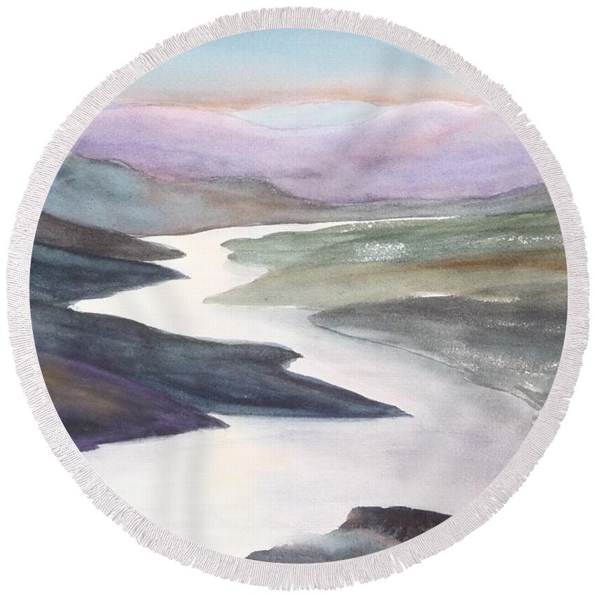 River Round Beach Towel featuring the painting Silver Stream by Ruth Kamenev