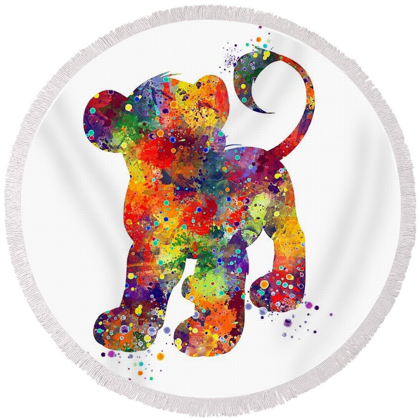Children Art Print Round Beach Towel featuring the digital art Simba The Lion King Watercolor Art by White Lotus