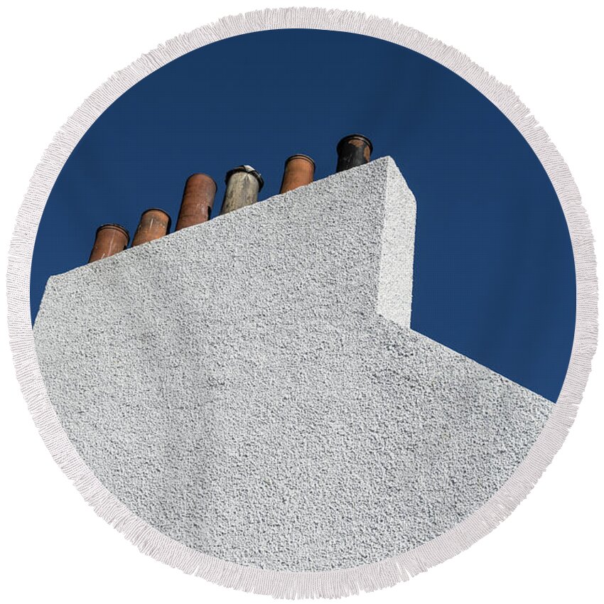 Stark White Wall Round Beach Towel featuring the photograph Simplicity - White Stucco Wall and Chimneys by Georgia Mizuleva