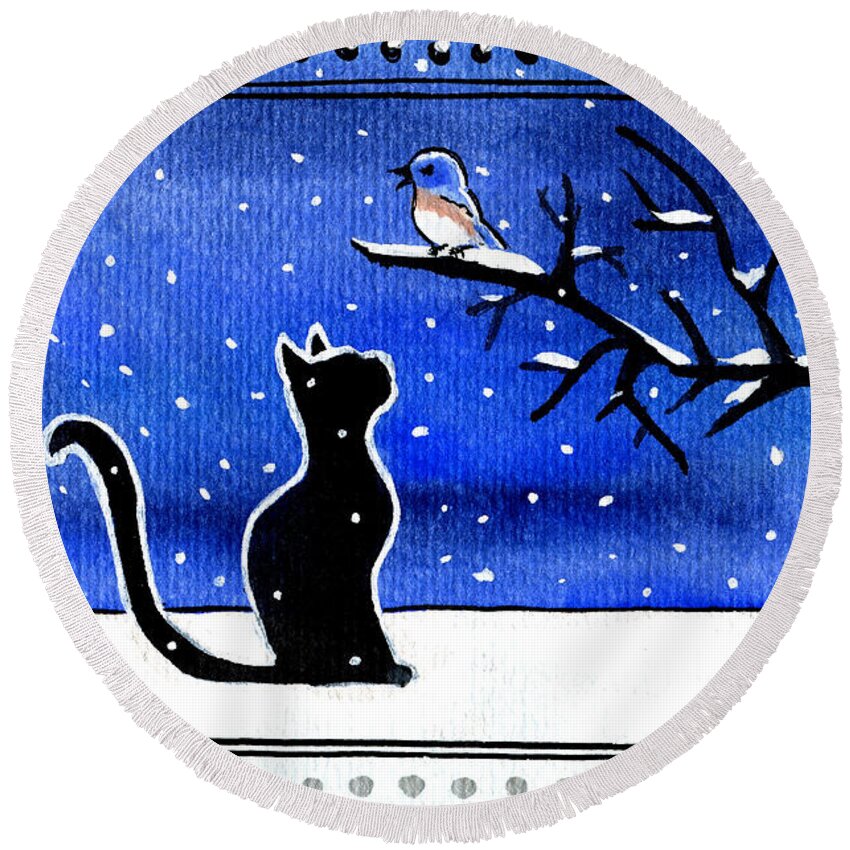 Cat Round Beach Towel featuring the painting Sing For Me - Black Cat Card by Dora Hathazi Mendes