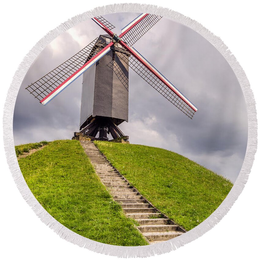 Brugge Round Beach Towel featuring the photograph Sint Janshuismolen Windmill by Pablo Lopez