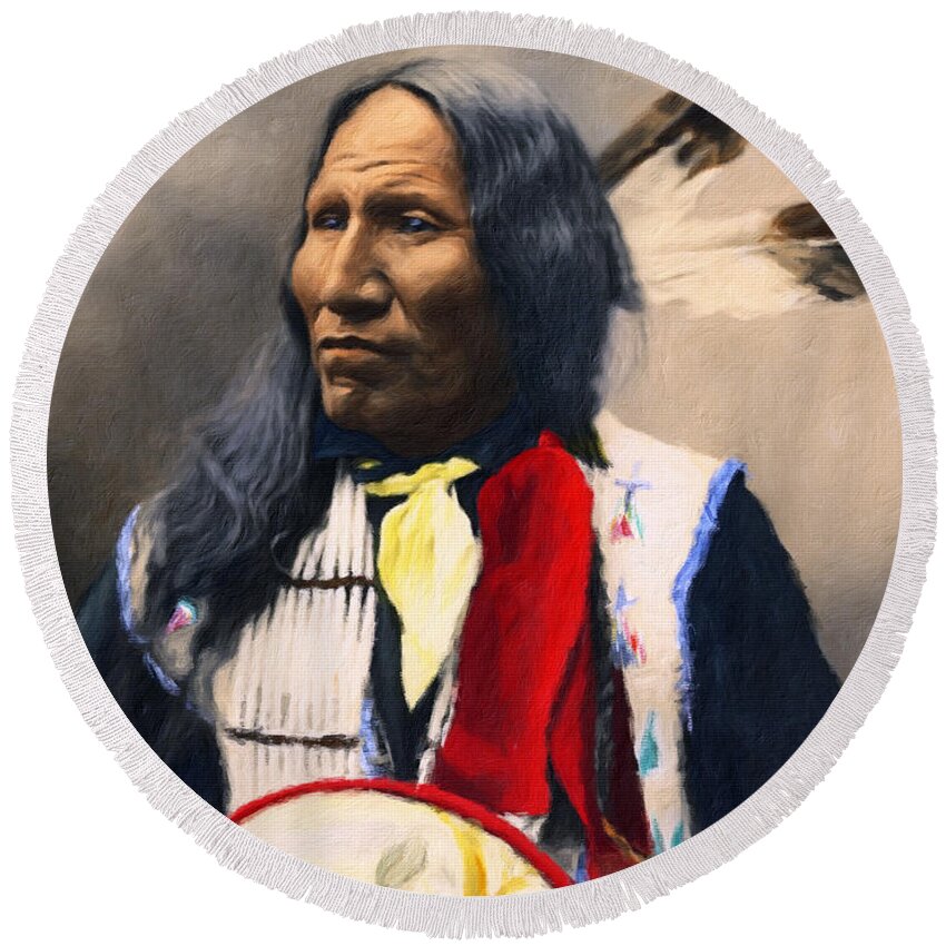 Sioux Chief Portrait Round Beach Towel featuring the painting Sioux Chief Portrait by Georgiana Romanovna