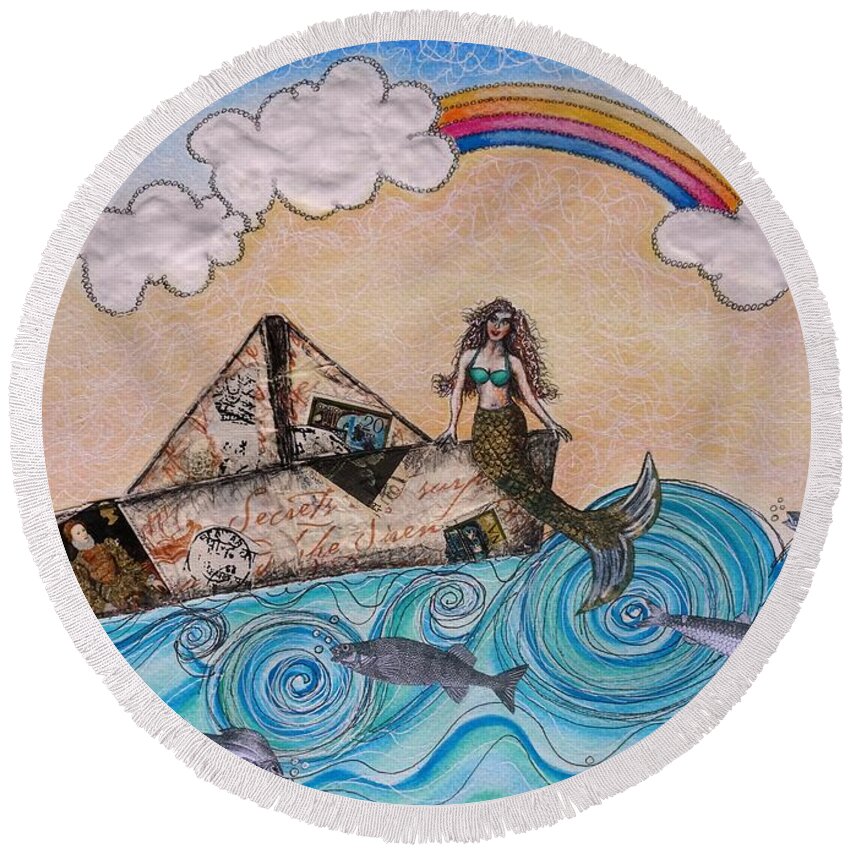 Mixed Media Round Beach Towel featuring the mixed media Siren on a paper boat by Graciela Bello