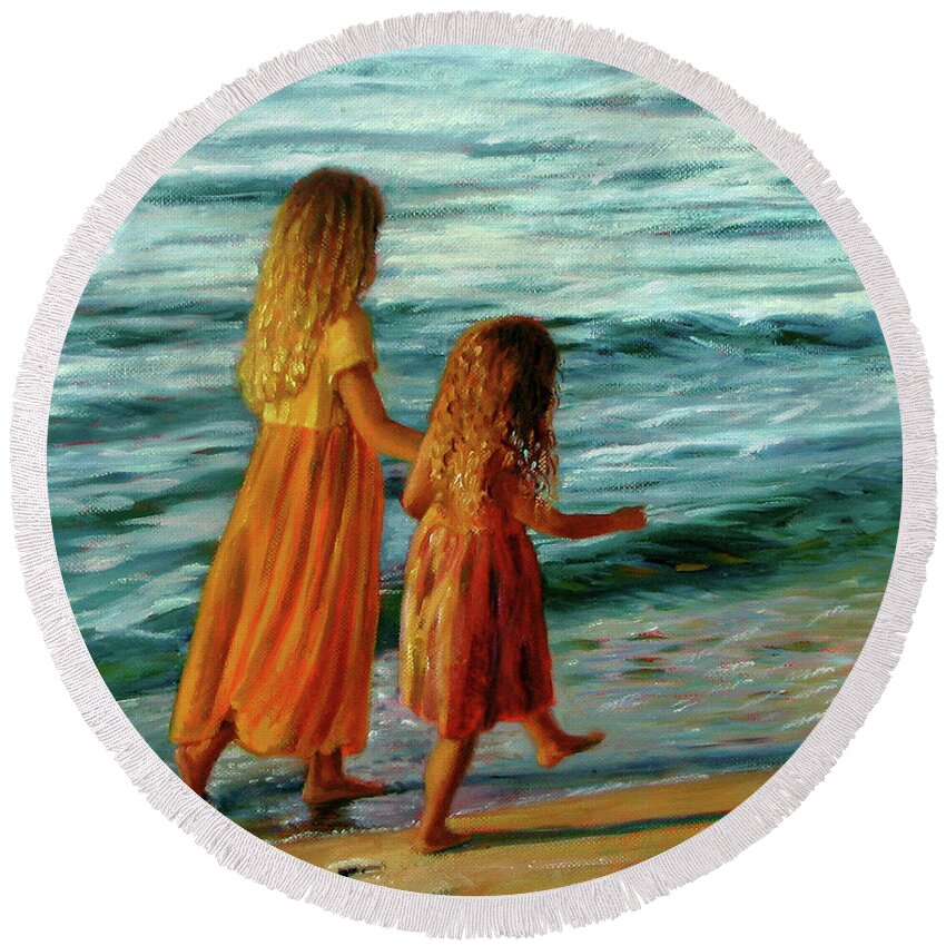 Young Sisters Round Beach Towel featuring the painting Sisters Walking by Marie Witte