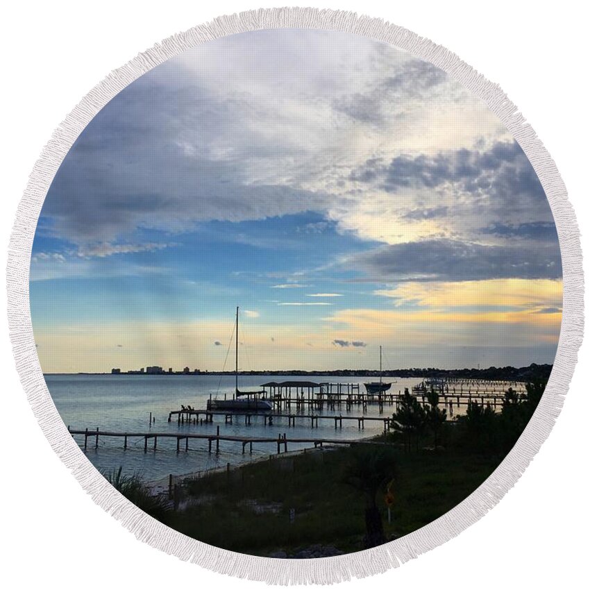 Bay Round Beach Towel featuring the photograph Sittin' on the dock of the bay by Richie Parks