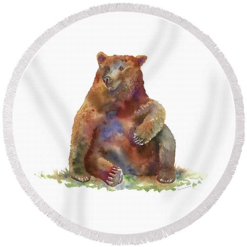 Watercolor Bear Round Beach Towel featuring the painting Sitting Bear by Amy Kirkpatrick