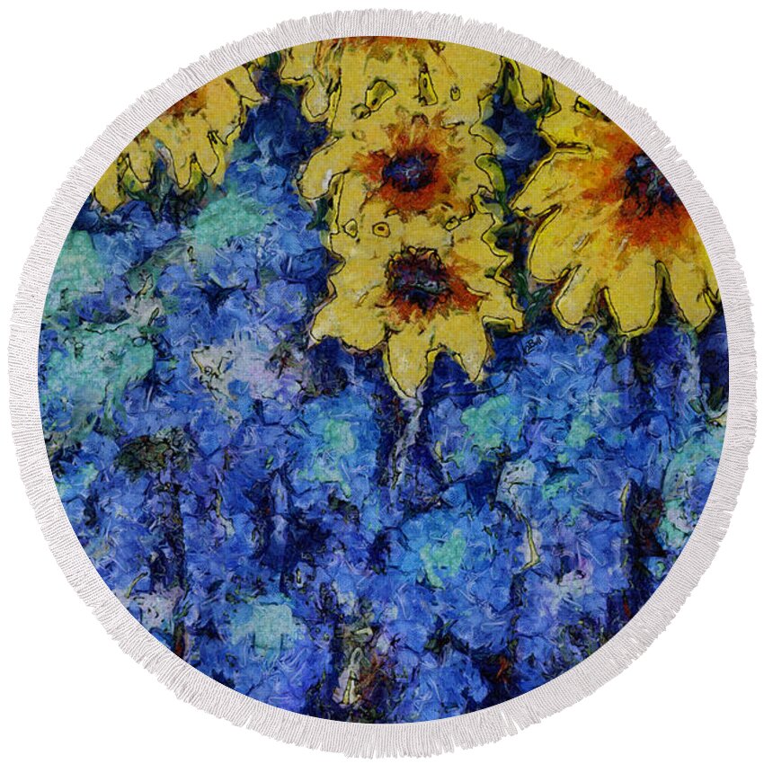 Sunflowers Round Beach Towel featuring the photograph Six Sunflowers on Blue by Claire Bull