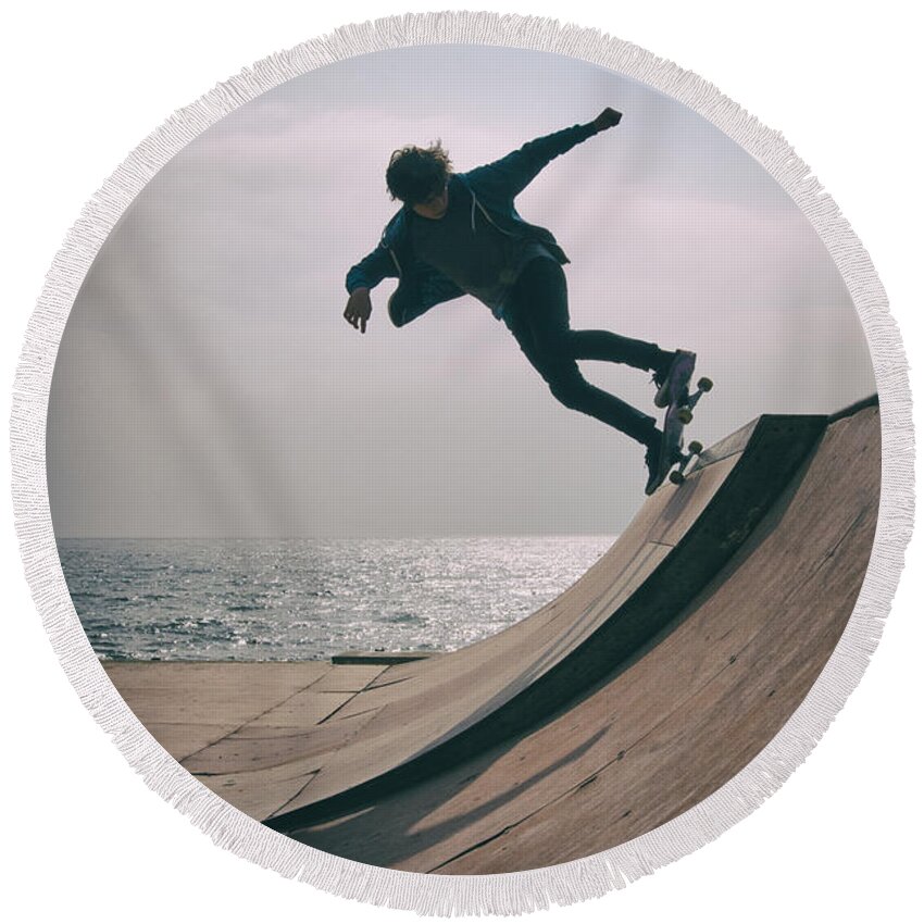 Skate Round Beach Towel featuring the photograph Skater Boy 007 by Clayton Bastiani