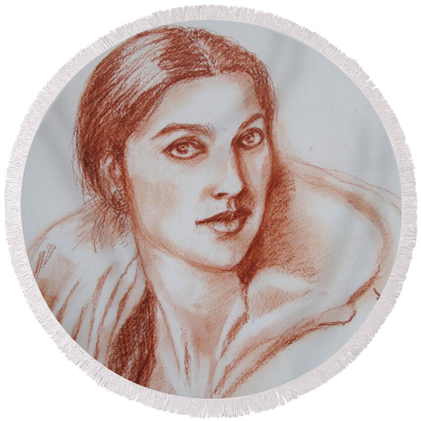 This Portrait Sketch Is Of Jhumpa Lahiri Round Beach Towel featuring the drawing Sketch in conte crayon by Asha Sudhaker Shenoy
