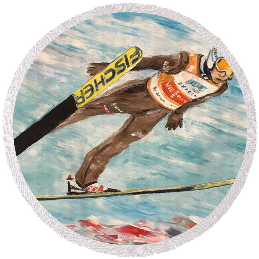 Kamil Stoch Round Beach Towel featuring the painting Ski Jumper- KAMIL STOCH by Luke Karcz