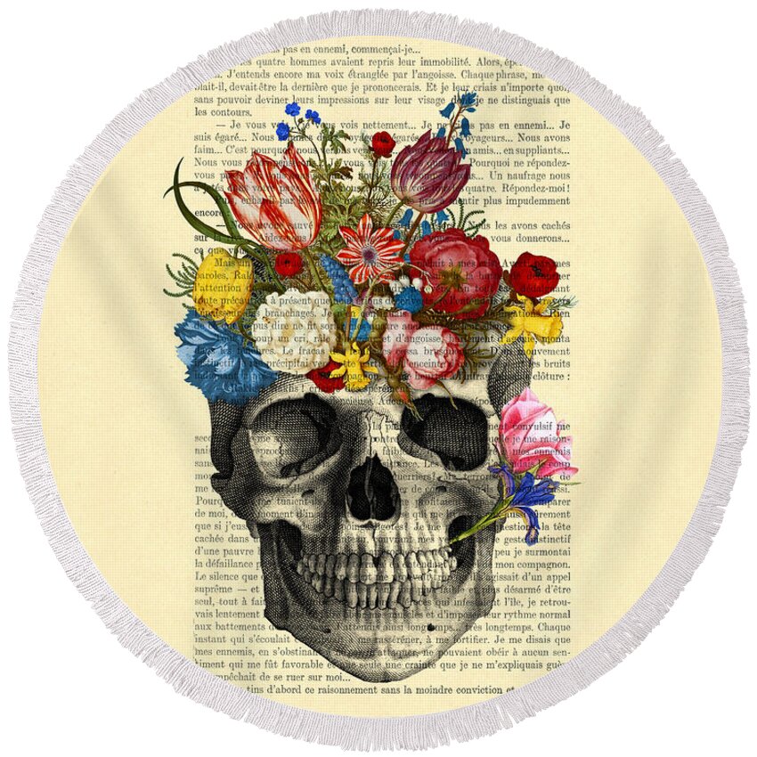 Till Death Do Us Part Round Beach Towel featuring the digital art Skull With Flowers Vintage Illustration by Madame Memento