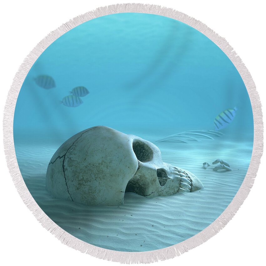 Skull Round Beach Towel featuring the photograph Skull on sandy ocean bottom by Johan Swanepoel