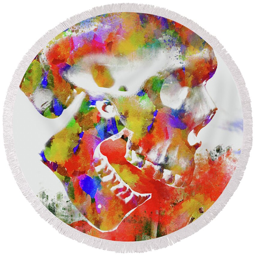 Skull Round Beach Towel featuring the mixed media Skull with Flowers by Ann Leech