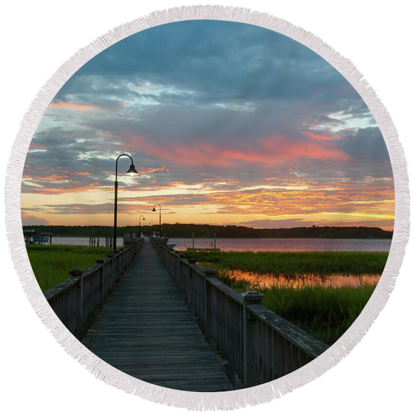 Sunset Round Beach Towel featuring the photograph Sky Glow over the Wando River by Dale Powell