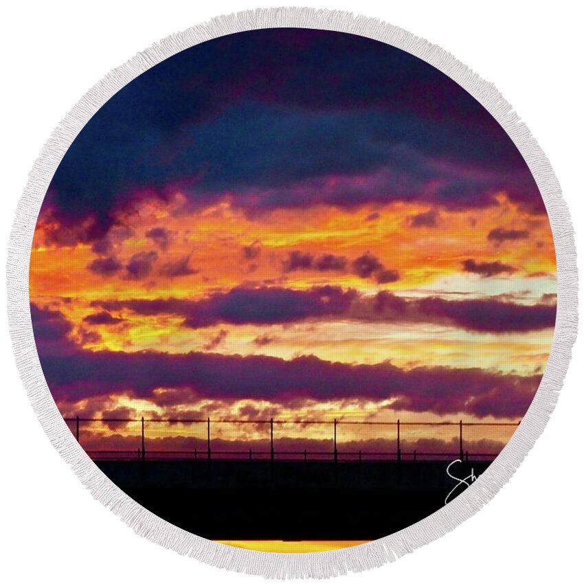Sunset Round Beach Towel featuring the photograph Sky on Fire by Shawn M Greener