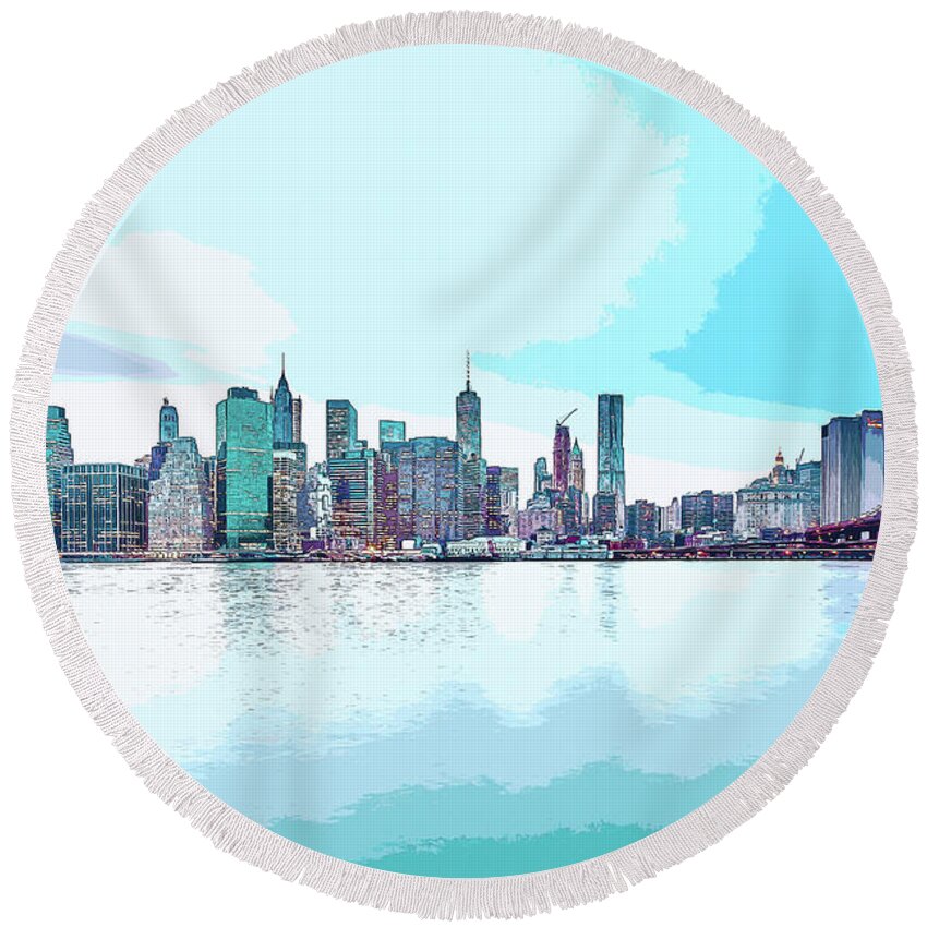 New York Round Beach Towel featuring the digital art Skyline of New York City, United States in Blues by Anthony Murphy