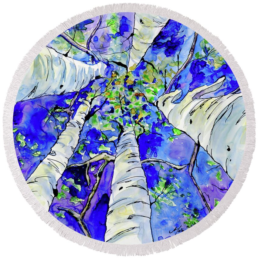 Above Round Beach Towel featuring the painting Skyward by Mary Benke