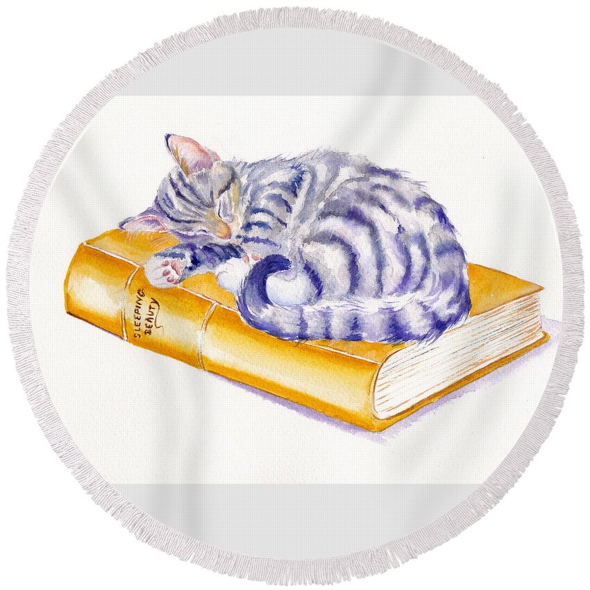 Cats Round Beach Towel featuring the painting Tabby Kitten - Sleeping Beauty by Debra Hall