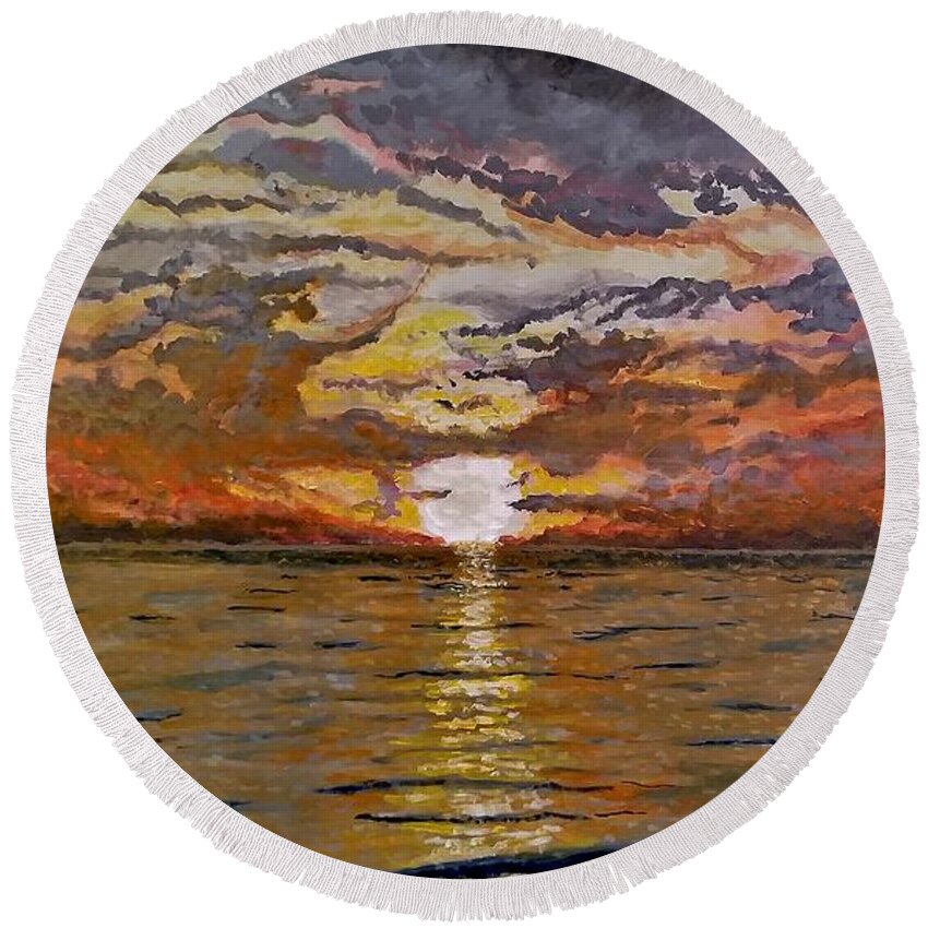 Landscape Round Beach Towel featuring the painting Sleepy Hollow Sunset by Joel Tesch