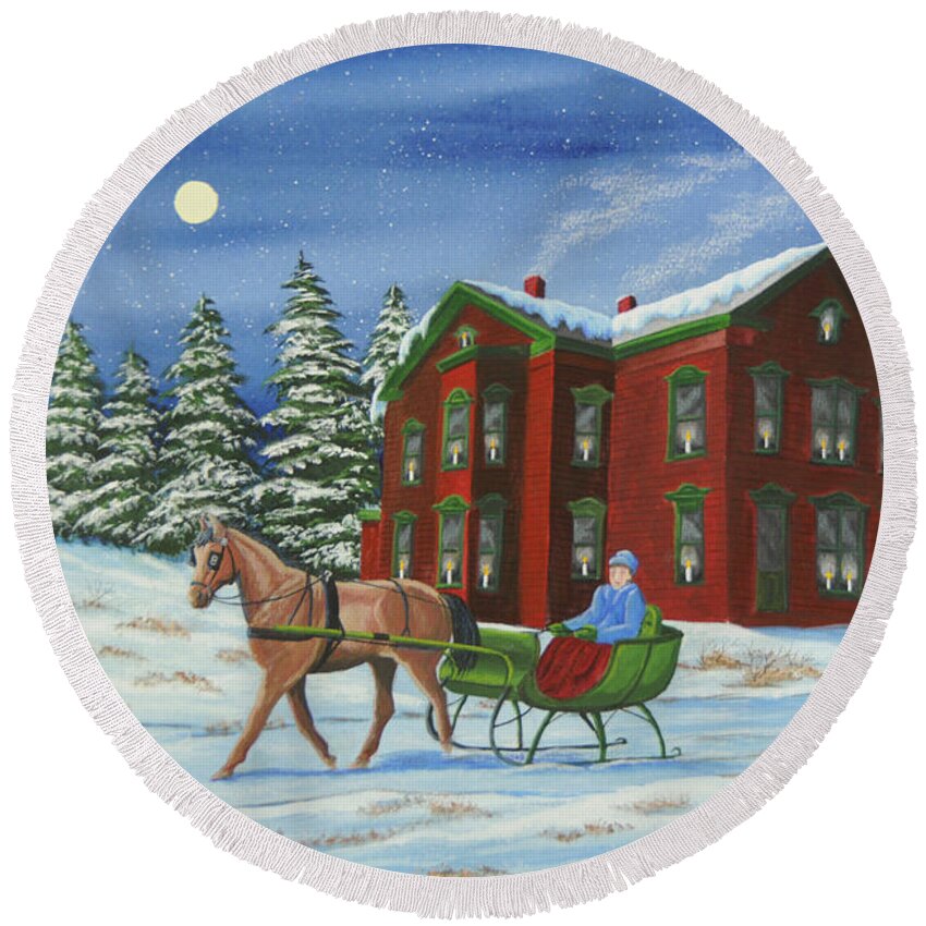 Sleigh Ride Round Beach Towel featuring the painting Sleigh Ride With A Full Moon by Charlotte Blanchard