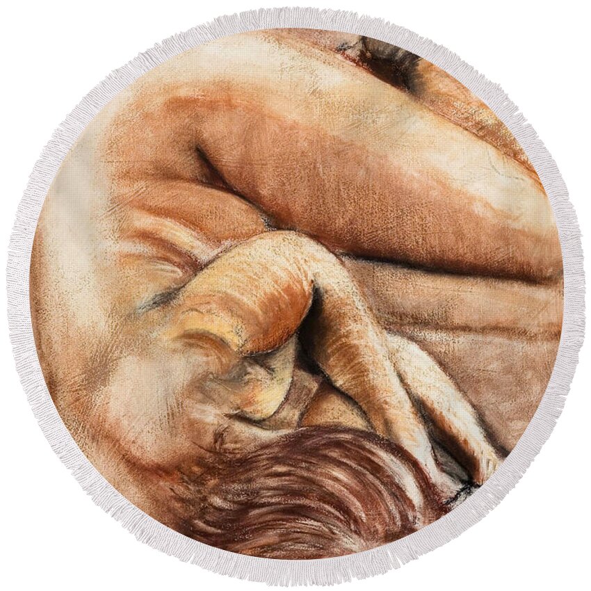 Nude Round Beach Towel featuring the drawing Slumber Pose by Kerryn Madsen-Pietsch