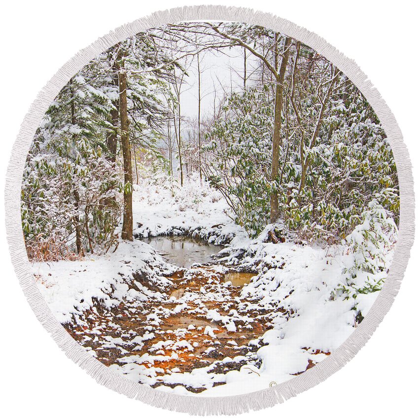 Stream Round Beach Towel featuring the photograph Small Mountain Stream in Winter by A Macarthur Gurmankin