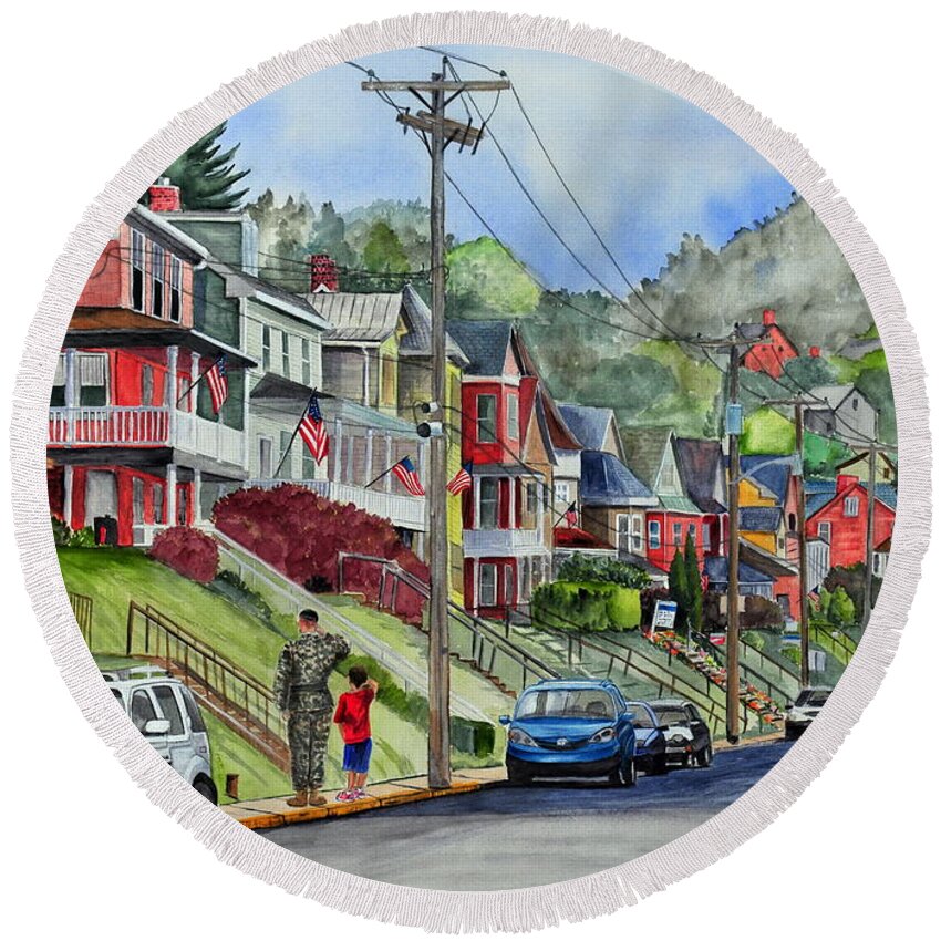 Town Round Beach Towel featuring the painting Small Town, America by John W Walker