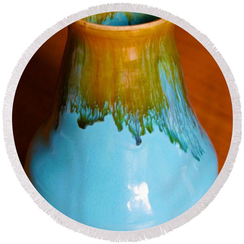  Round Beach Towel featuring the ceramic art Small Turquoise Vase with Honey Amber by Polly Castor
